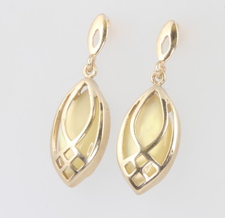 A pair of yellow gold Art Nouveau style mother of pearl ear drops