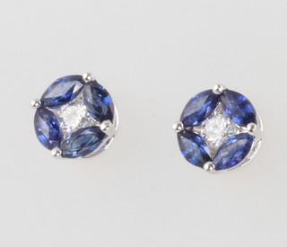 A pair of 18ct white gold sapphire, diamond and turquoise ear studs 6mm 