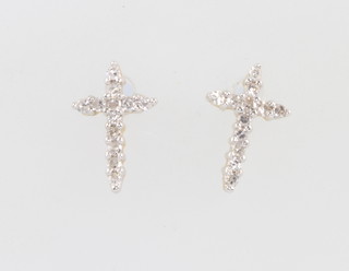 A pair of yellow gold diamond set cross ear studs 15mm 