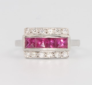 An 18ct white gold Art Deco style ruby and diamond ring size M 