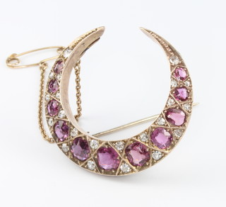A Victorian yellow gold ruby and diamond crescent brooch 38mm 