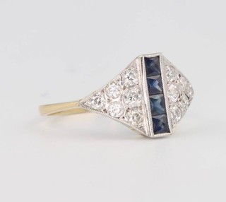 An 18ct yellow gold sapphire and diamond Art Deco style ring, the 4 princess cut sapphires approx 0.5ct, the brilliant cut diamonds approx. 0.45ct size N 