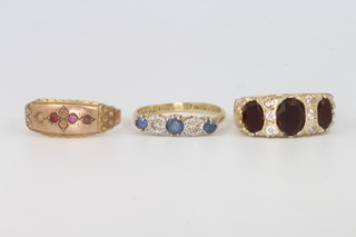 A 9ct yellow gold sapphire and diamond ring size P and 2 other rings size M 1/2