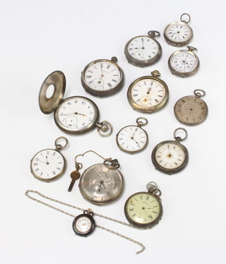 A lady's Edwardian silver fob watch with enamelled dial and 5 other silver fob watches, 6 silver pocket watches and a gun metal ditto 