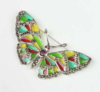 A silver, enamel and marcasite butterfly brooch 78mm 