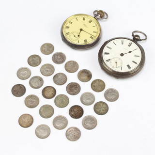 A gentleman's silver cased pocket watch with seconds at 6 o'clock, the dial engraved Waltham USA, a silver cased ditto and minor silver coinage