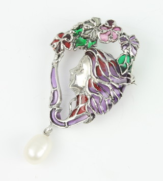 A silver Art Nouveau style enamel and cultured pearl portrait brooch 45mm 