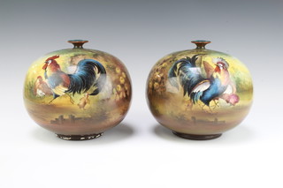 A pair of Royal Bonn bulbous vases decorated with cockerells and chicks, inscribed Hondecoeter Tea Wines 18cm 