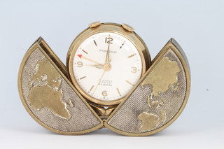 A gentleman's Poresa travelling alarm clock, the gilt movement contained in a 2 colour folding case depicting a map of the world 38mm 