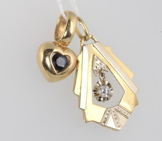 An 18ct yellow gold sapphire heart pendant and a ditto diamond set pendant 2.9 grams 