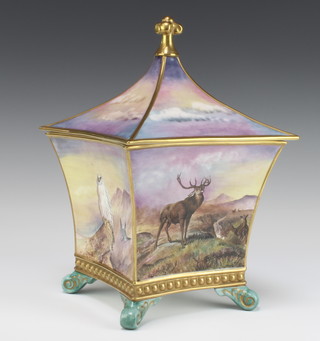 A James Skerrett square tapered jardiniere and cover decorated with deer and birds raised on scroll feet 30cm