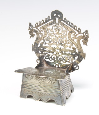 A Russian silver model of a chair with hinged seat and a pierced back with serpents 11cm, 90 grams 