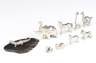 A miniature silver figure of an elephant 6.5cm and 8 other silver animals, approx. 226 grams