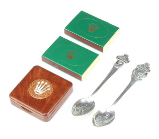 Two Rolex presentation teaspoons, two boxes of ditto matches and a parts box 