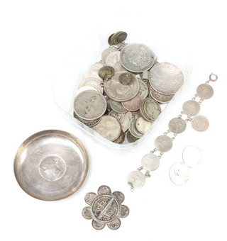 A Sterling silver dish, coin set with an East India Company 1 rupee dated 1840, minor English and foreign coinage 