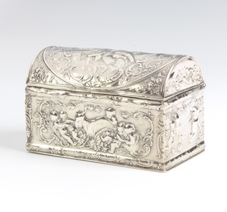 A 19th Century Continental dome topped silver casket decorated with cavorting cherubs and animals 9cm, 125 grams