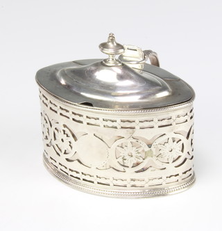 A George III oval pierced silver mustard London 1785, 116 grams, with steel liner 