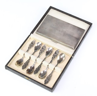 An engine turned silver cigarette case Birmingham 1944, 216 grams together with 6 cased plated spoons 