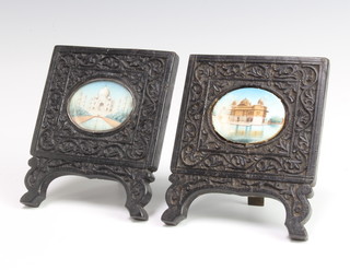 Two oval watercolour miniatures on ivory of the Taj Mahal and a palace 4.5cm x 3.5cm contained in carved hardwood frames 