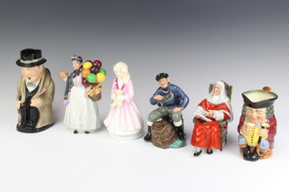 Four Royal Doulton figures - The Judge HN2433 18cm, The Lobster Man HN2317 18cm, Biddy Penny Farthing HN1843, Faith HN3082 20cm, together with a Jolly Toby jug 16cm and Winston Churchill 22cm 