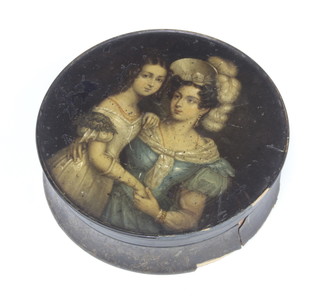 A painted papier mache circular box, the lid depicting Their Royal Highnesses The Duchess of Kent and The Princess Victoria 14cm 