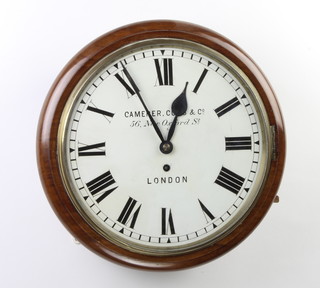 Camerer, Cuss and Co, a fusee wall clock with 29cm painted dial with Roman numerals and marked Camerer, Cuss and Co, 56 New Oxford Street, London, complete with 12cm brass back plate, contained in a restored mahogany case with paper label marked Camerer, Cuss and Co, Watch and Clock Manufacturers 56 New Oxford Street