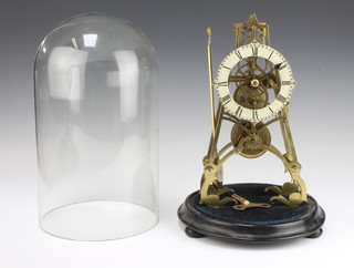 A Victorian fusee skeleton clock with painted dial and Roman numerals, complete with glass dome, pendulum and key 