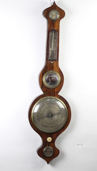 J Arzoni of Canterbury, an 18th/19th Century mercury wheel barometer and thermometer with damp/dry indicator, thermometer, convex mirror, silvered dial and spirit level, contained in a brass and inlaid rosewood wheel case 