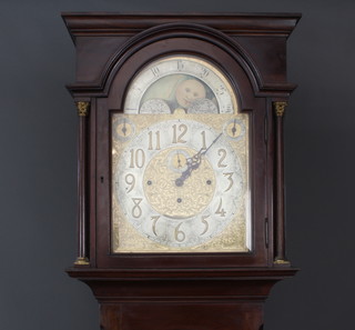 Benetfink and Company London, a Victorian 8 day striking longcase clock, the 32cm arched gilt dial with phases of the moon, strike/silent indicator, subsidiary second hand, Westminster/Whittington chime dial, silver chapter ring and gilt Arabic numerals, striking on 9 tubular gongs, contained in a mahogany case the trunk fitted an arched bevelled plate panelled door 237cm h x 
