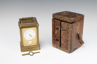 Jean Antoine Lepine (1720-1814), a French 8 day striking carriage alarm clock, striking on 2 gongs, the enamelled dial marked Lepine Aaria Place des Vitores, the back plate marked 27367, contained in a gilt metal gourd shape case, complete with key and original leather carrying case 