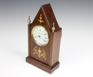 Knight and Gibbins, a Victorian style timepiece with enamelled dial contained in an inlaid mahogany case 