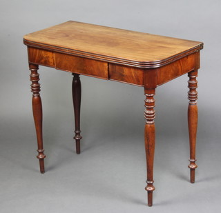 A 19th Century D shaped card table fitted a frieze drawer, raised on turned supports 78cm h x 86cm w x 42cm d