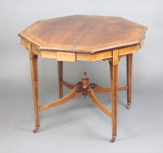 A Victorian octagonal inlaid rosewood occasional table raised on square tapered supports ending in caps and casters with X framed stretcher surmounted by an urn 88cm h x 72cm w x 73cm d 