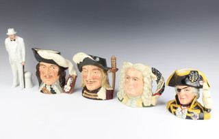 Four Royal Doulton character jugs, D'Artagnan D6691 18cm, Artemis D6441 18cm, Vice Admiral Lord Nelson D6932 16cm, Handel D7080 17cm together with a Royal Doulton figure of Sir Winston Churchill HN3057,  26cm