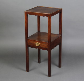 A square Georgian mahogany 2 tier night table fitted a drawer raised on square tapered supports 79cm h x 34cm w x 34cm d 
