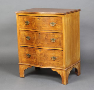 A Queen Anne style figured walnut and crossbanded chest of serpentine outline, fitted 3 long drawers raised on bracket feet 175cm h x 61cm w x 44cm d  