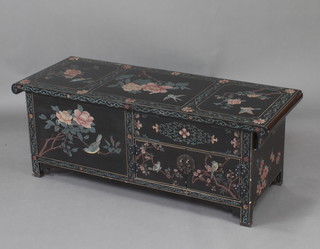 A Chinese black lacquered double sided cabinet decorated birds, fitted 2 cupboards to each side, 46cm h x 120cm w x 46cm d 
