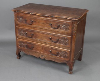 A French carved oak chest of 3 long drawers and serpentine outline, raised on cabriole supports 89cm h x 106cm w x 56cm d 
