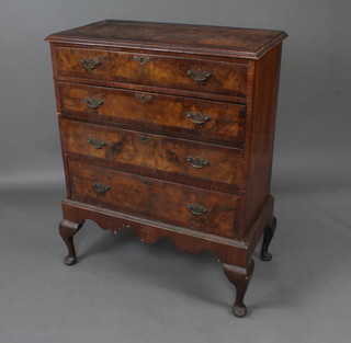 A Queen Anne style walnut and crossbanded chest on stand fitted four long drawers with brass plate drop handles, raised on cabriole supports 117cm x 91cm x 48cm 