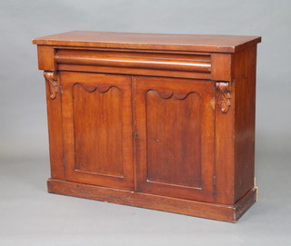 A Victorian mahogany chiffonier base fitted a drawer above a double cupboard enclosed by panelled doors, raised on a platform base 51cm h x 104cm w x 37cm d 