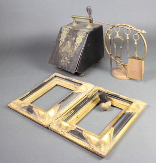 A Victorian wedge shaped coal box 30cm h x 25cm w x 33cm d, an 18th/19th Century copper warming pan with turned wooden handle, an Art Deco fireside companion set, 2 Victorian style black and gilt painted frames 45cm x 35cm and a print