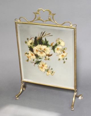 A Victorian painted glass and brass firescreen 76cm x 48cm x 20cm 