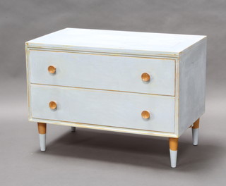 A teak chest of 2 long drawers in eggshell blue, 56cm h x 76cm w x 46cm d
