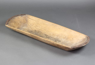 A rectangular pine and iron banded salting dish  12cm h x 89cm w x 32cm d (old treated worm)