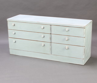 A teak chest of 3 long and 3 short drawers in eggshell blue, 64cm h x 130cm w x 44cm d