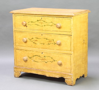 A Victorian yellow and floral painted pine chest of 2 short and 3 long drawers with tore handles, raised on bracket feet 81cm h x 83cm w x 47cm d  (four small holes to the top) 