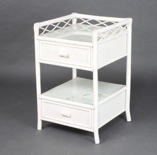 A pine bedside cabinet fitted a recess 62cm h x 48cm w x 34cm d, 1 other pine bedside cabinet with drawer above a recess on bracket feet 53cm h x 51cm w x 48cm d together with a bamboo 2 tier bedside table with three quarter gallery 69cm x 42cm x 45cm 
