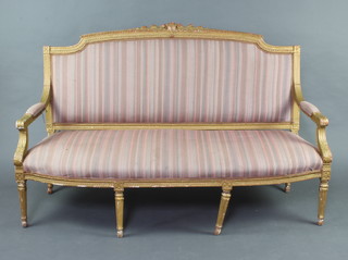 A French gilt painted sofa, 102cm h (seat height 42cm) x 166cm w x 66cm d
All of the legs require repair.