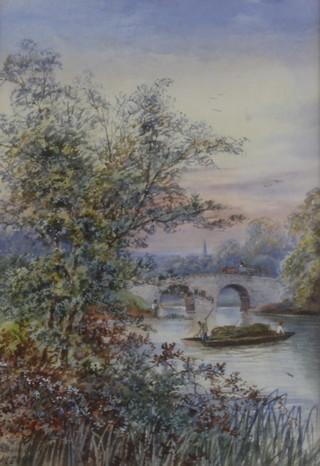 Alfred Lewis, watercolour signed, river scene with punt and distant town, 25cm x 17cm 