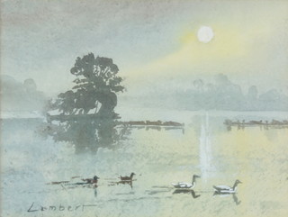 G M Lambert, watercolour signed, moonlit lake scene with ducks 15cm x 20cm  